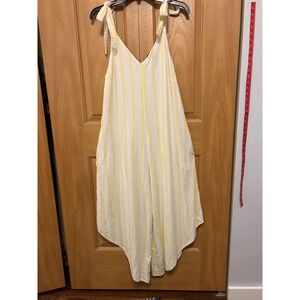 MSK Yellow Striped Linen Blend Tie Strap Jumpsuit‎ Wide Leg Bohemian Size L